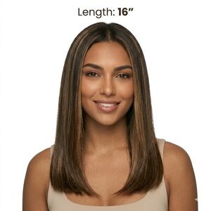 THAT HAIR STRAIGHT Dark Brown w/blonde highlights.